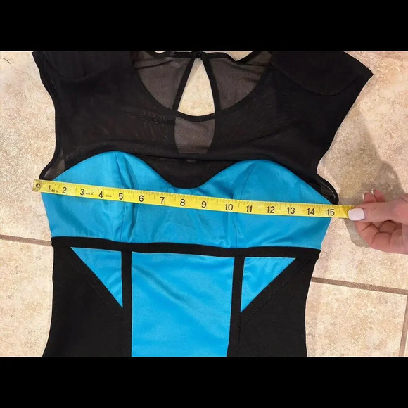 Bebe Melany Mesh Top Satin Stretch Turquoise Black Bodycon Pencil Dress XS NWT - Picture 4 of 15